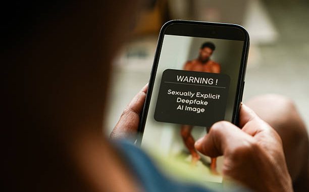 Pria mendapat pesan peringatan di ponsel tentang melihat citra seksual yang dihasilkan AI di media sosial / istockphoto